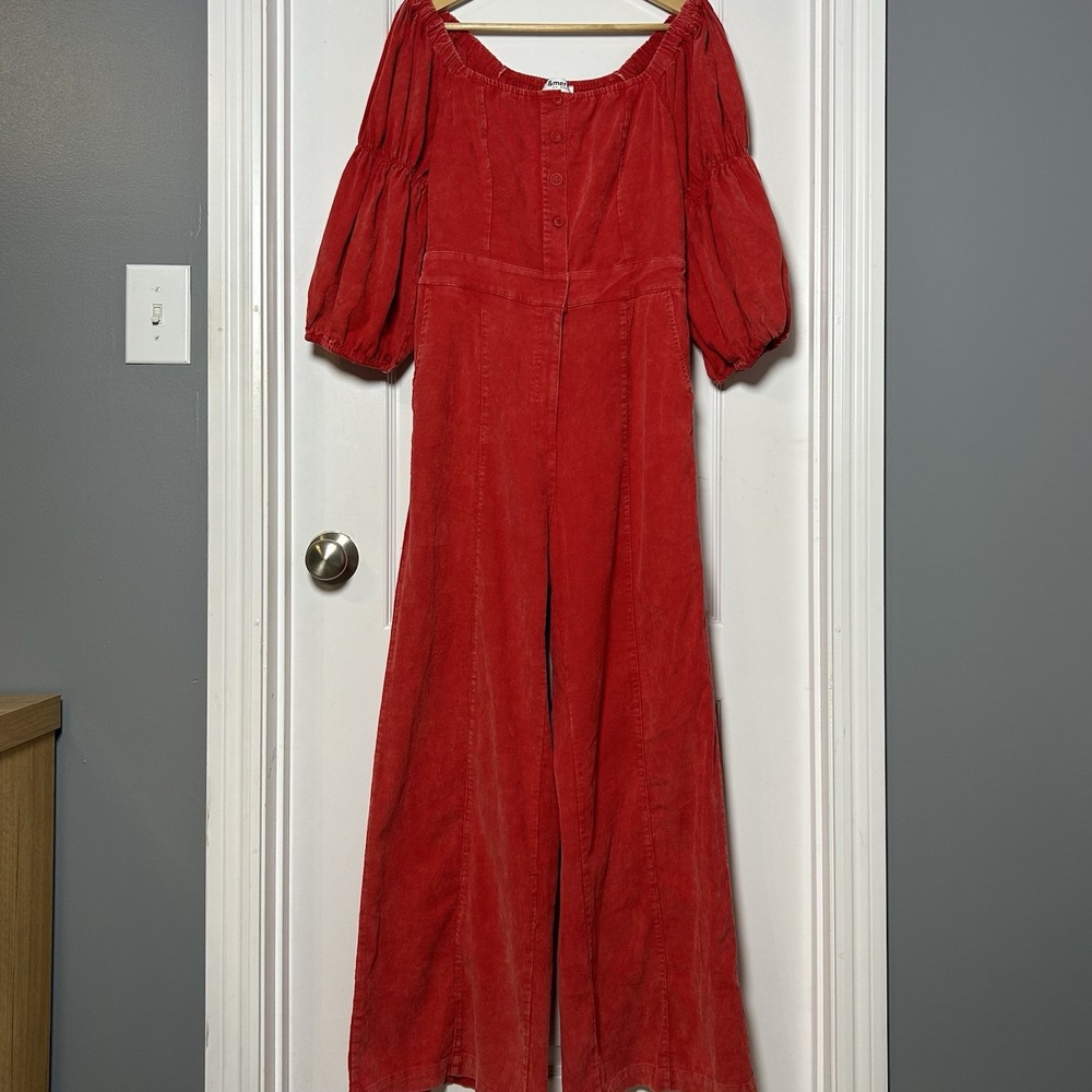 &merci Coral Red Alma Corduroy 3/4 Puff Sleeve Square Neck Wide Leg Jumpsuit